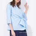 China Casual Solid Color Bow Tie Front Blouse Factory